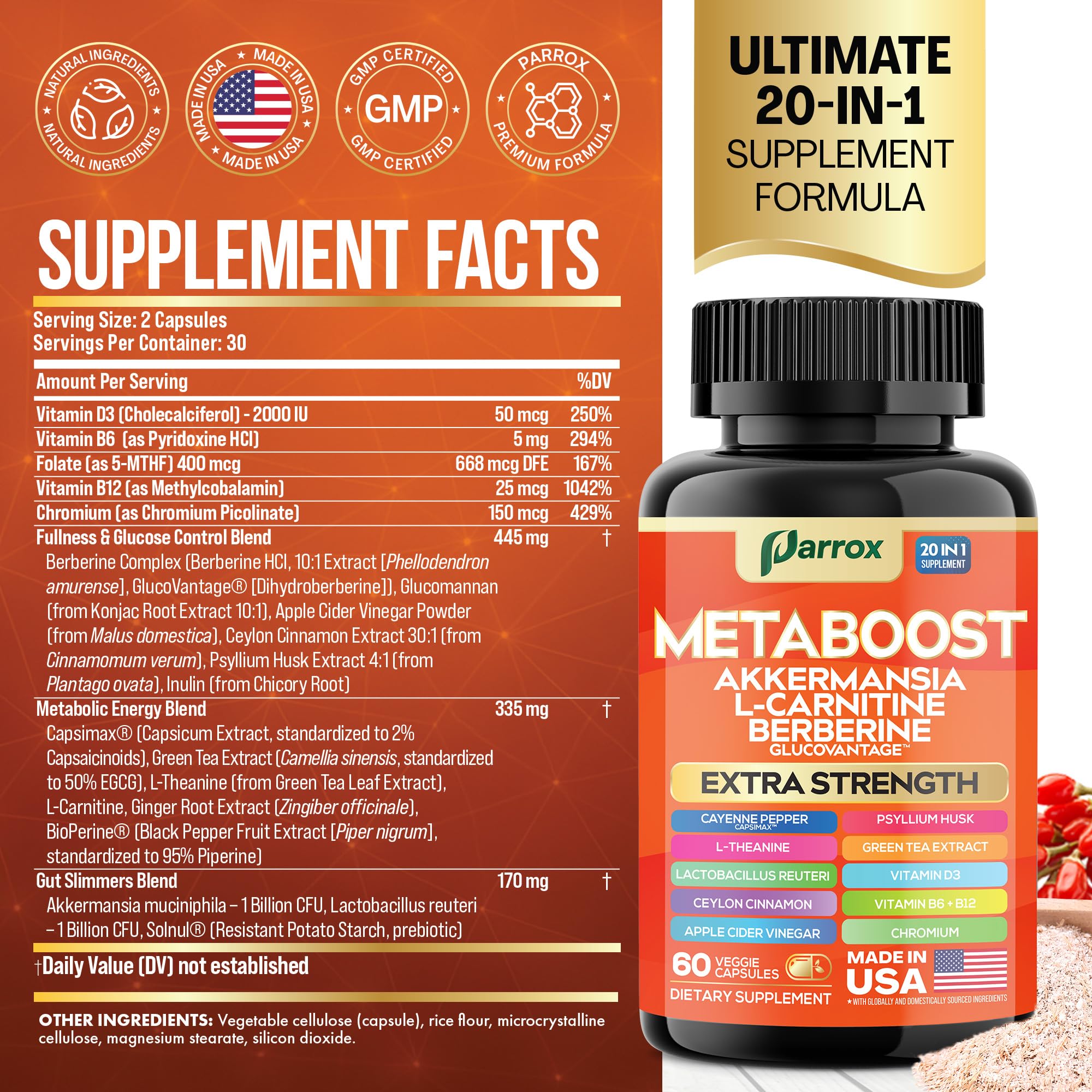 Parrox GLP-1 Booster label English, transparent ingredients for informed choices.