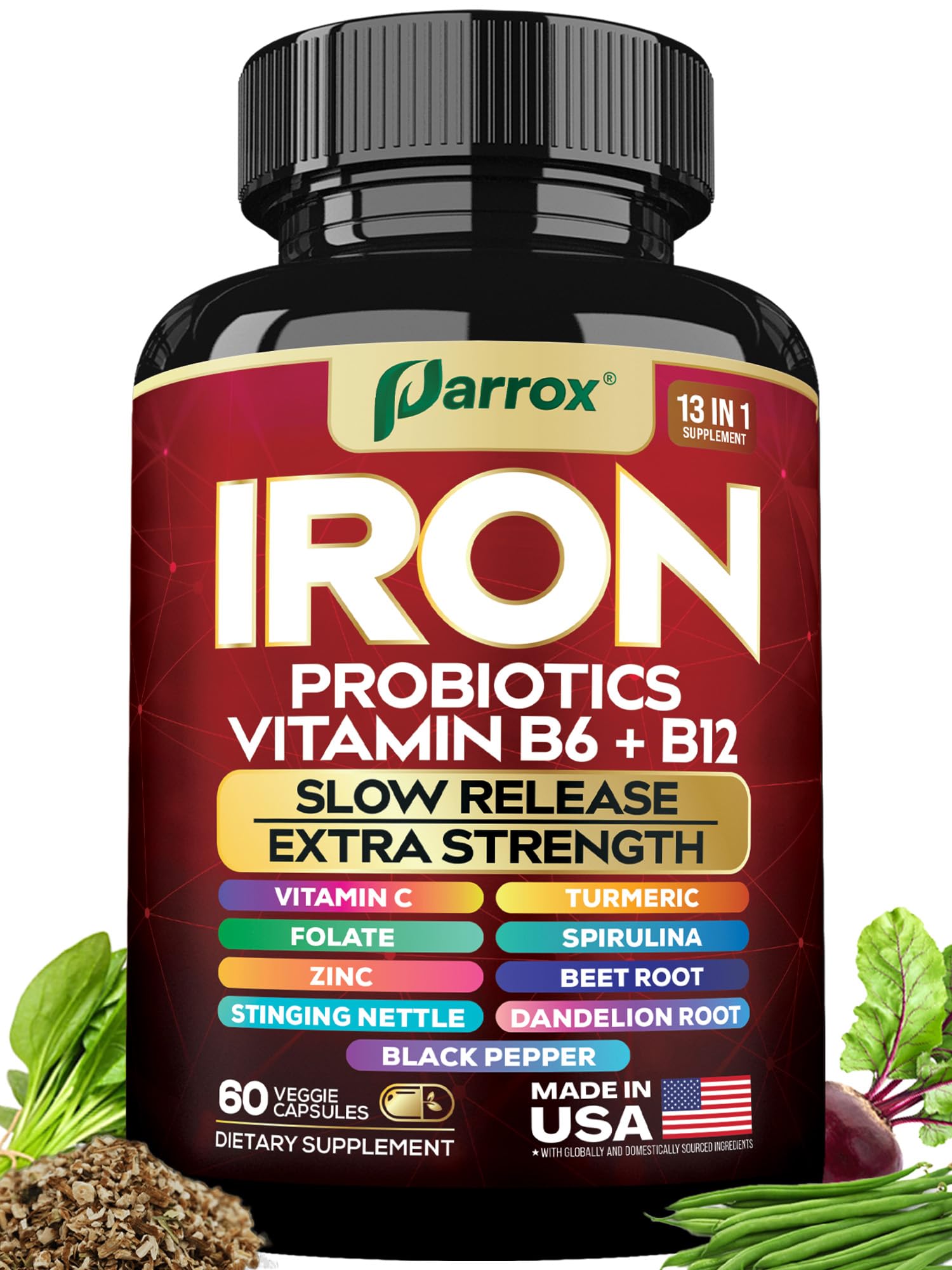 Parrox Iron supplement bottle front view for convenient daily support.