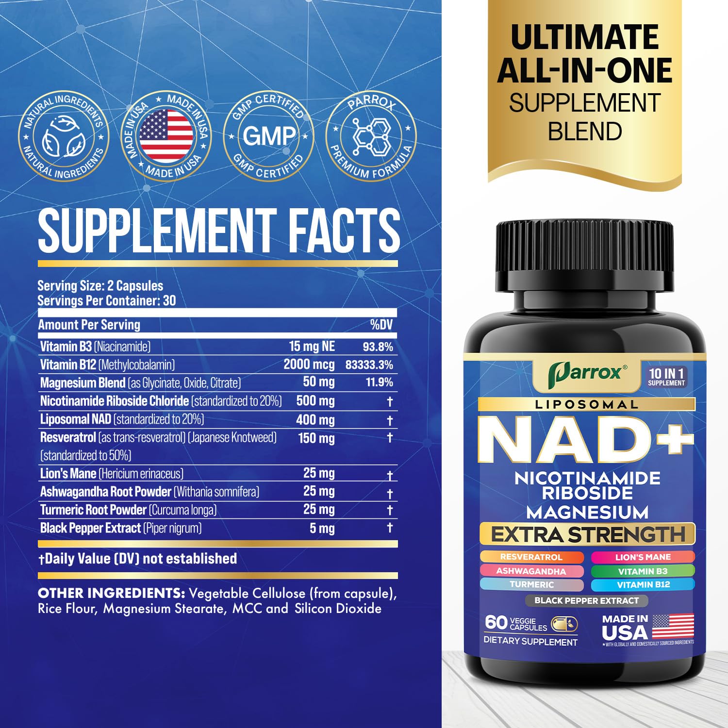 Close-up of Parrox liposomal NAD+ bottle highlighting advanced delivery for energy metabolism and daily use.