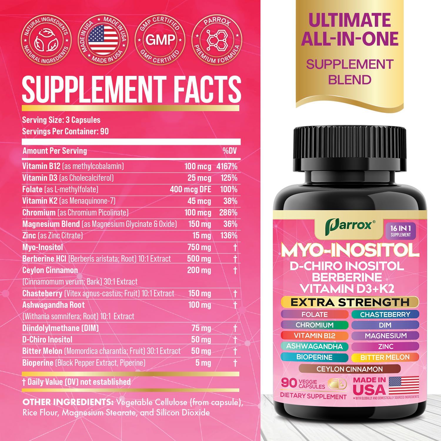 Parrox Myo-Inositol capsules closeup highlights convenient daily dosing for balance.