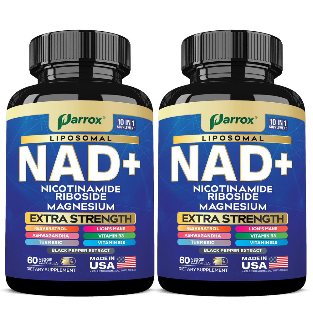 Parrox NAD+ 10-in-1 bottle with liposomal delivery for enhanced absorption and daily energy support.