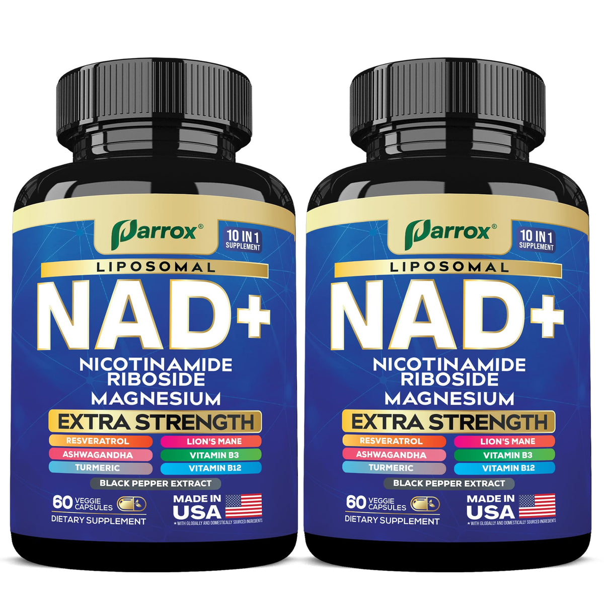 Parrox NAD+ 10-in-1 bottle with liposomal delivery for enhanced absorption and daily energy support.