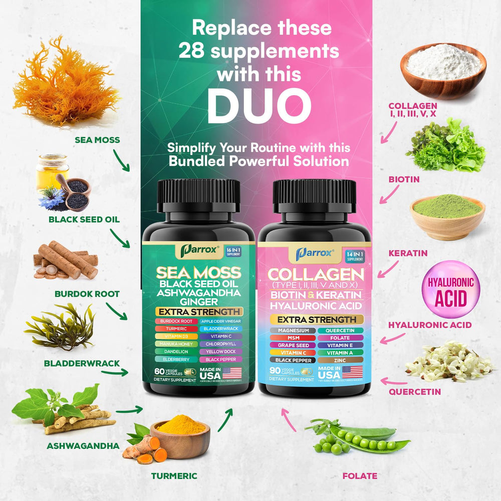 Parrox Radiant Wellness Bundle sea moss capsules on shelf ready.