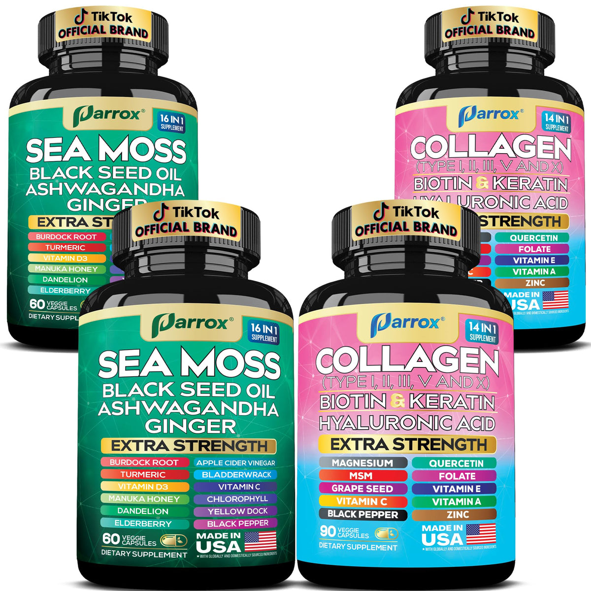 Parrox Radiant Wellness Bundle sea moss capsules in bottle for daily botanical support.