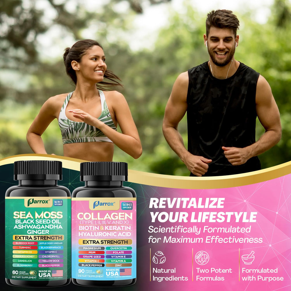 Parrox Radiant Wellness Bundle sea moss bottle highlighting plant-based ingredients.