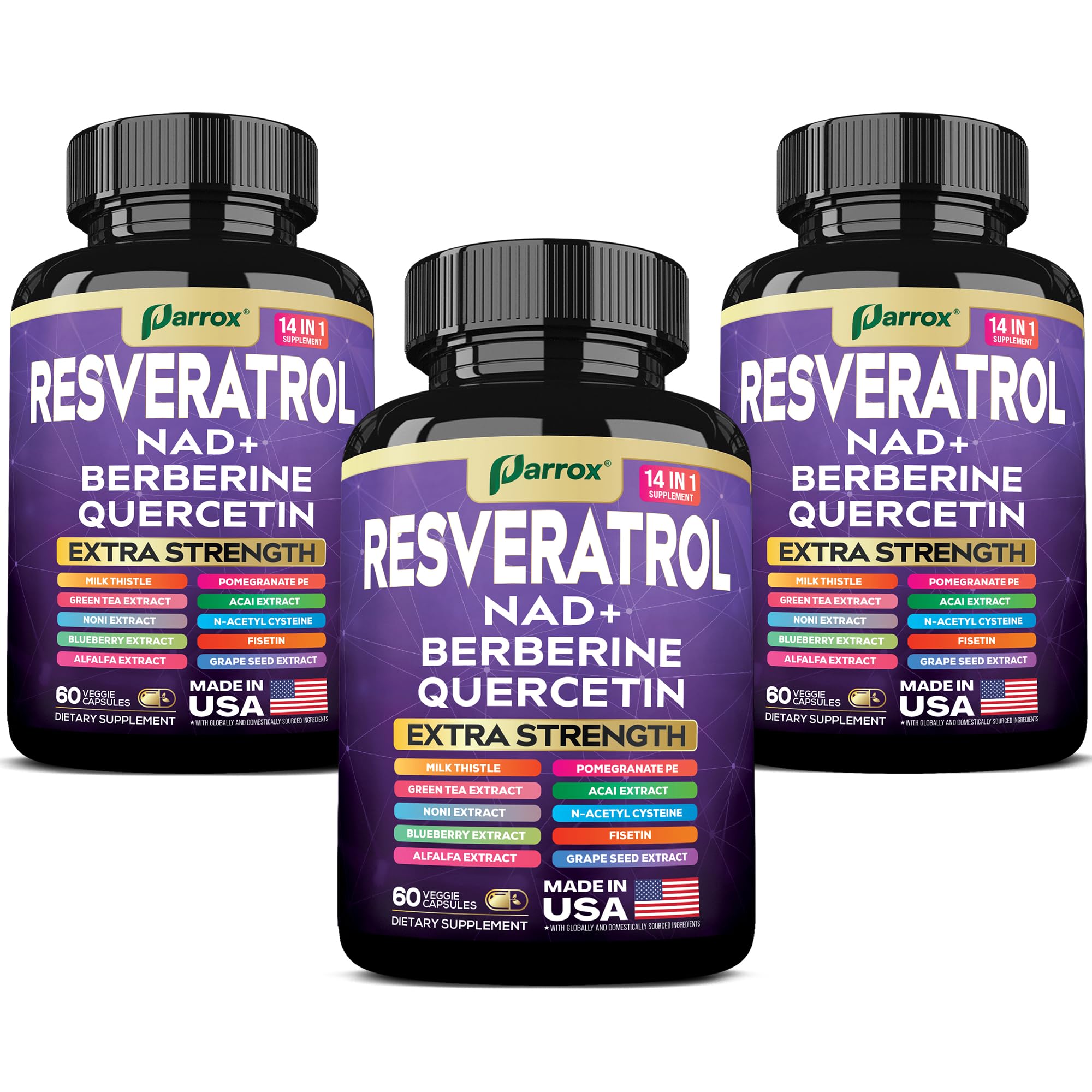 Parrox Resveratrol 14-in-1 bottle with capsules supports daily vitality.