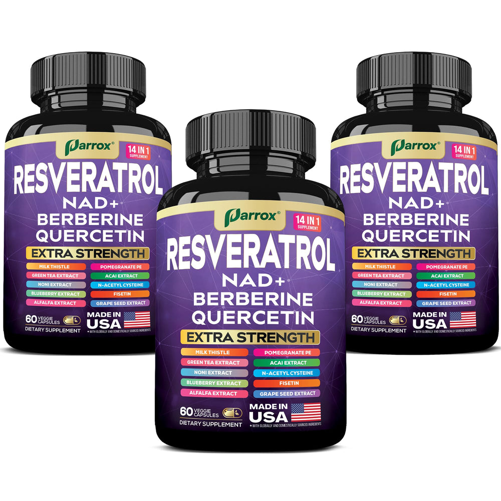 Parrox Resveratrol 14-in-1 bottle with capsules supports daily vitality.
