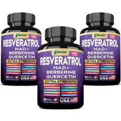 Parrox Resveratrol 14-in-1 bottle with capsules supports daily vitality.