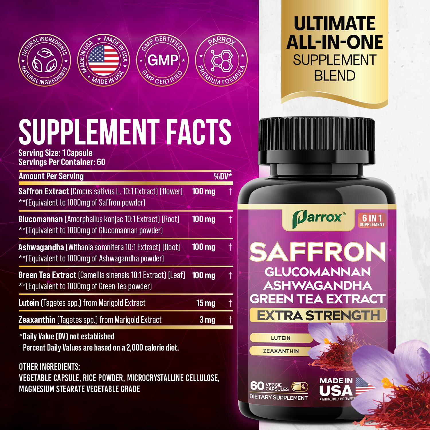Parrox saffron capsules closeup, plant-based formula