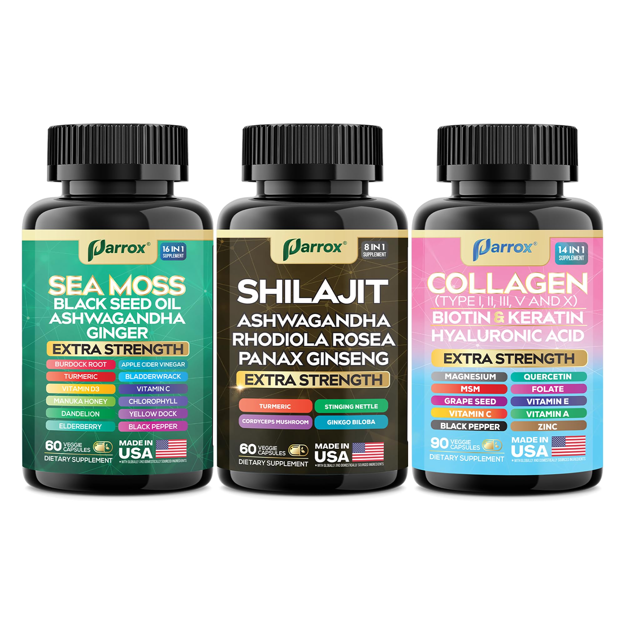 Parrox Ultimate Wellness Trio everyday routine with three formulas on a minimalist shelf.