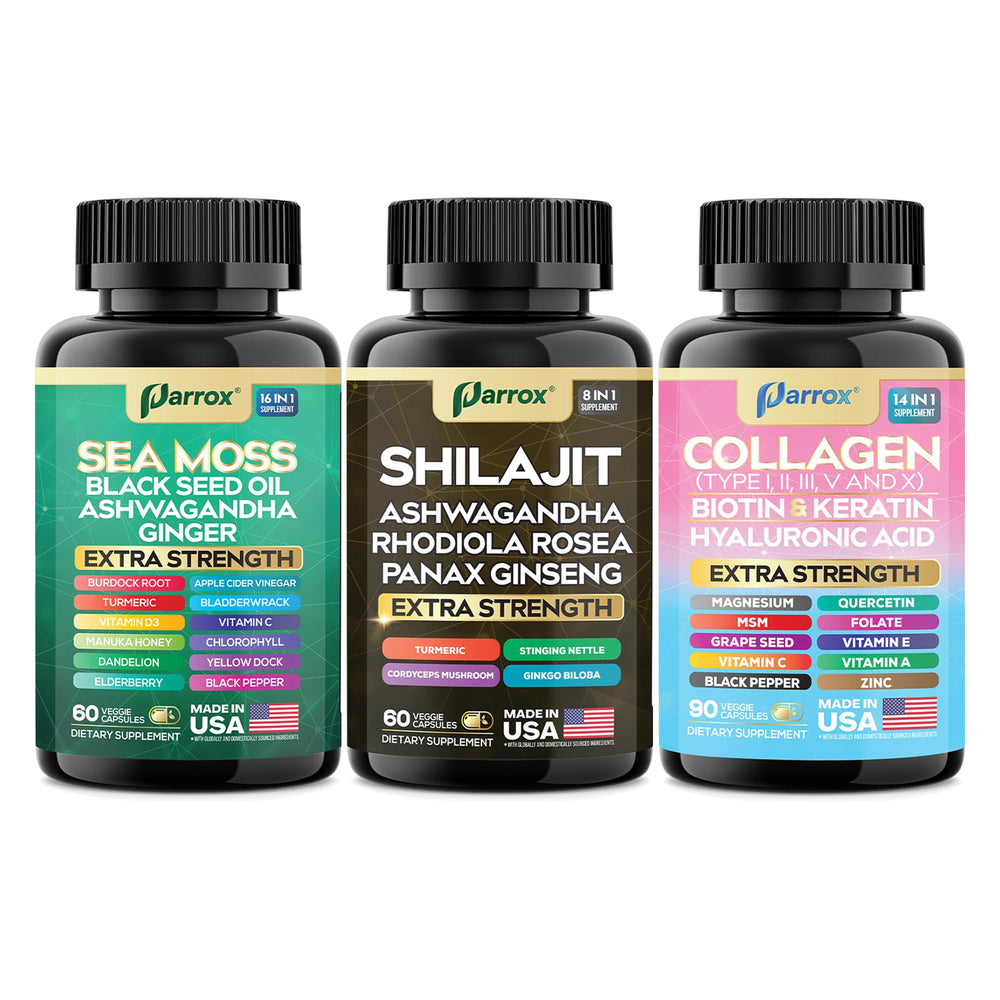 Parrox Ultimate Wellness Trio everyday routine with three formulas on a minimalist shelf.