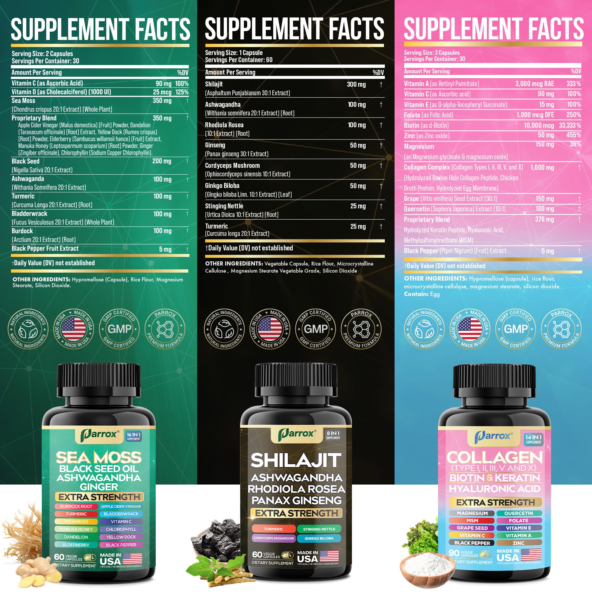 Parrox Ultimate Wellness Trio rhodiola bottle offers energy-friendly adaptogens for focused days.