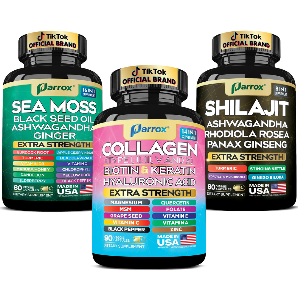 Parrox Ultimate Wellness Trio sea moss bottle supports daily nourishment with a comprehensive blend.