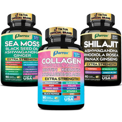 Parrox Ultimate Wellness Trio sea moss bottle supports daily nourishment with a comprehensive blend.