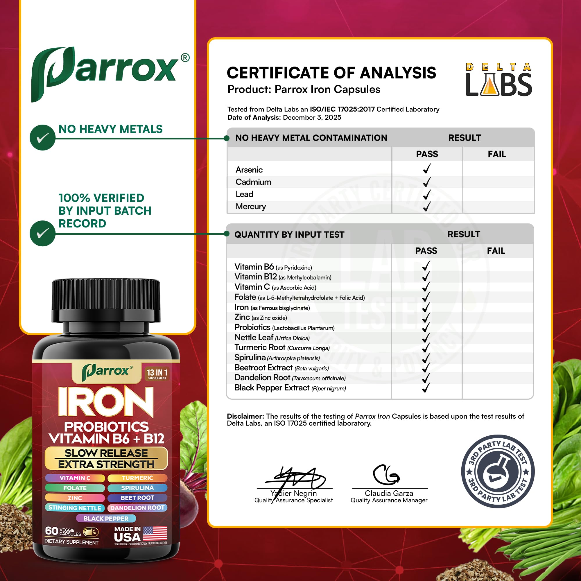 Parrox us-manufactured quality control label on bottle.