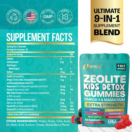 Parrox Zeolite Kids Gummies mixed berry flavor shown in bottle.