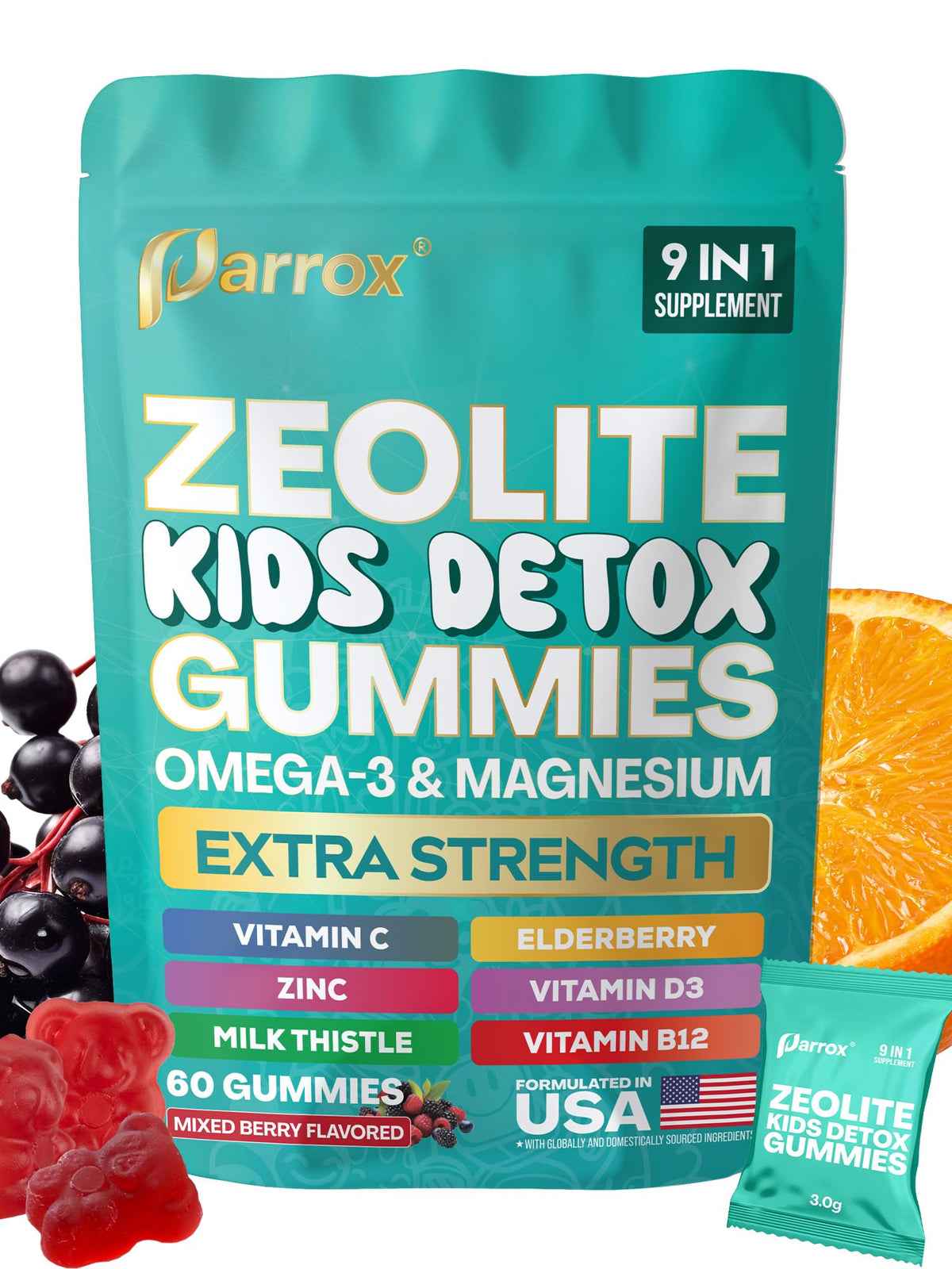 Parrox Zeolite Kids Gummies bottle with 9-in-1 formula for families.