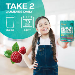Parrox Zeolite Kids Gummies on a lunchbox with vitamins nearby.