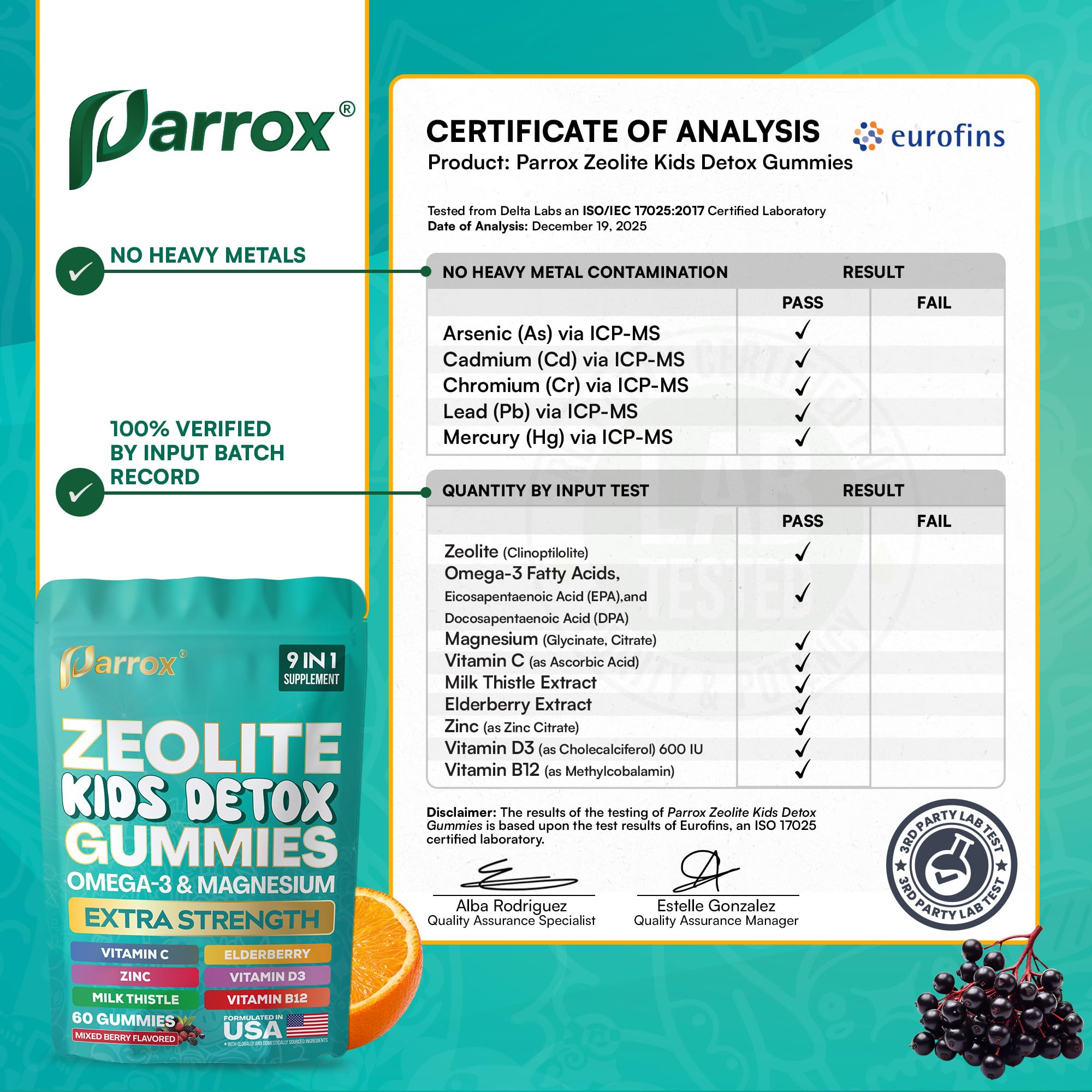 Parrox nutrition label detail communicates nine-ingredient blend.
