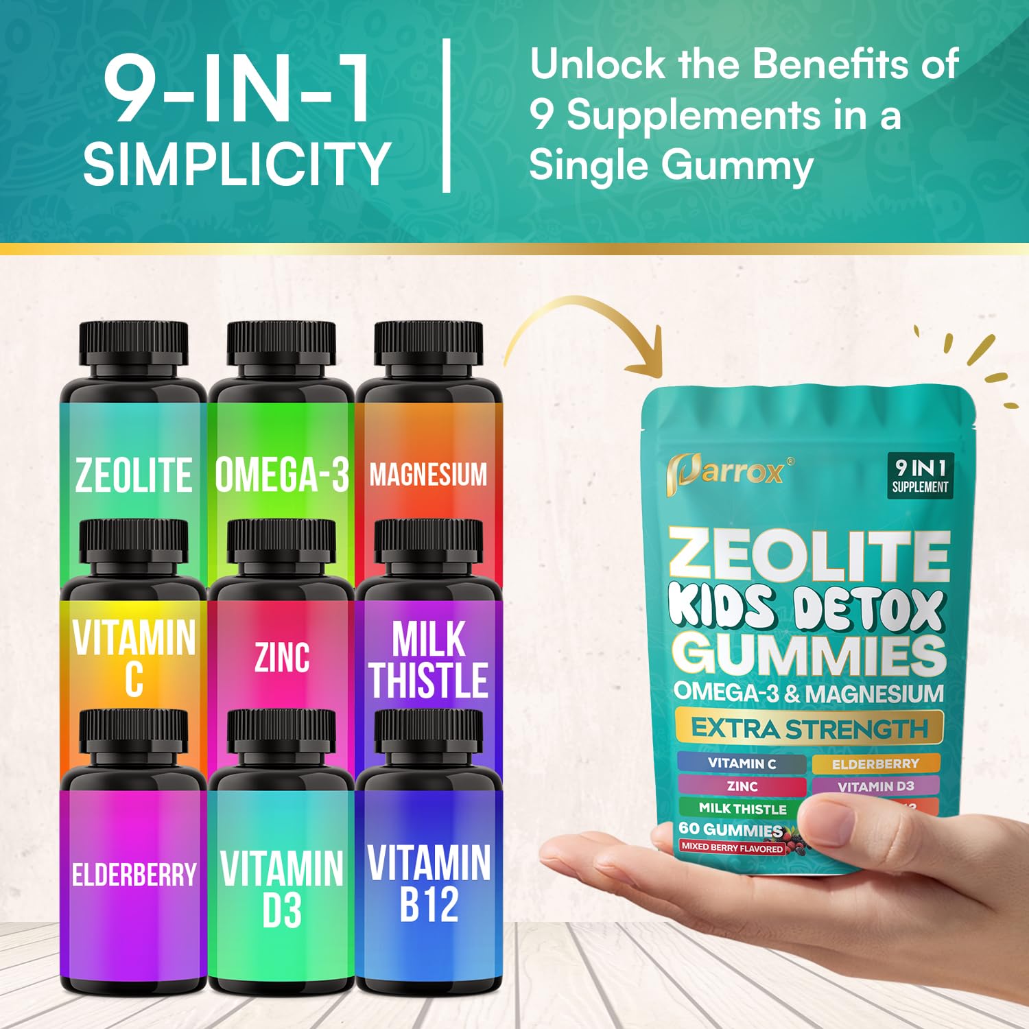Parrox Zeolite Kids Gummies packaging label showcasing clean ingredients.