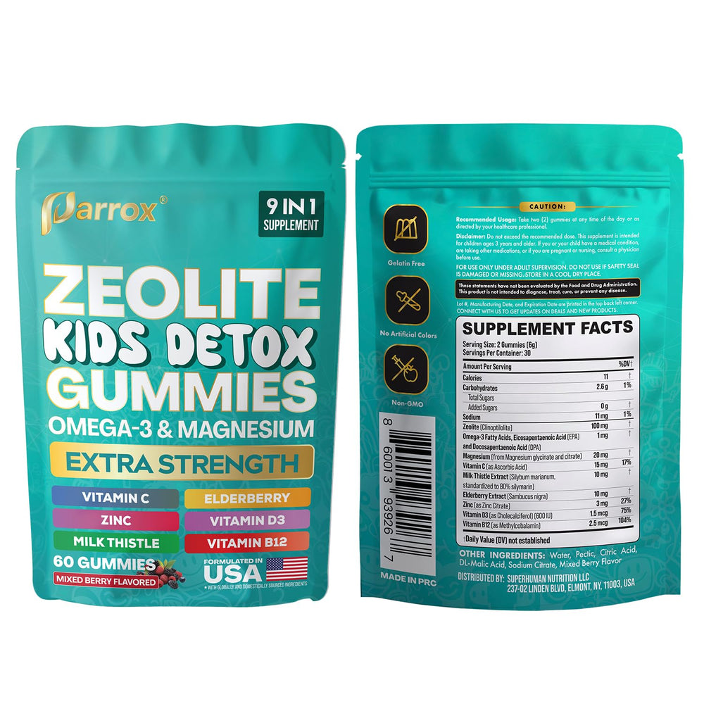 Parrox Zeolite Kids Gummies in a spill-proof container.