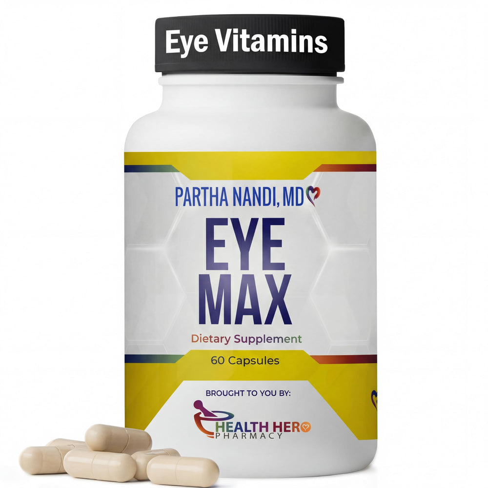 Partha Nandi Eye Max Vision bottle with vegan formula supports macular health.