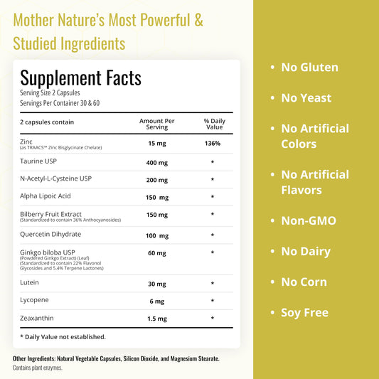 Eye Max Vision capsules highlight zinc and lutein for retina clarity in daily screen use.