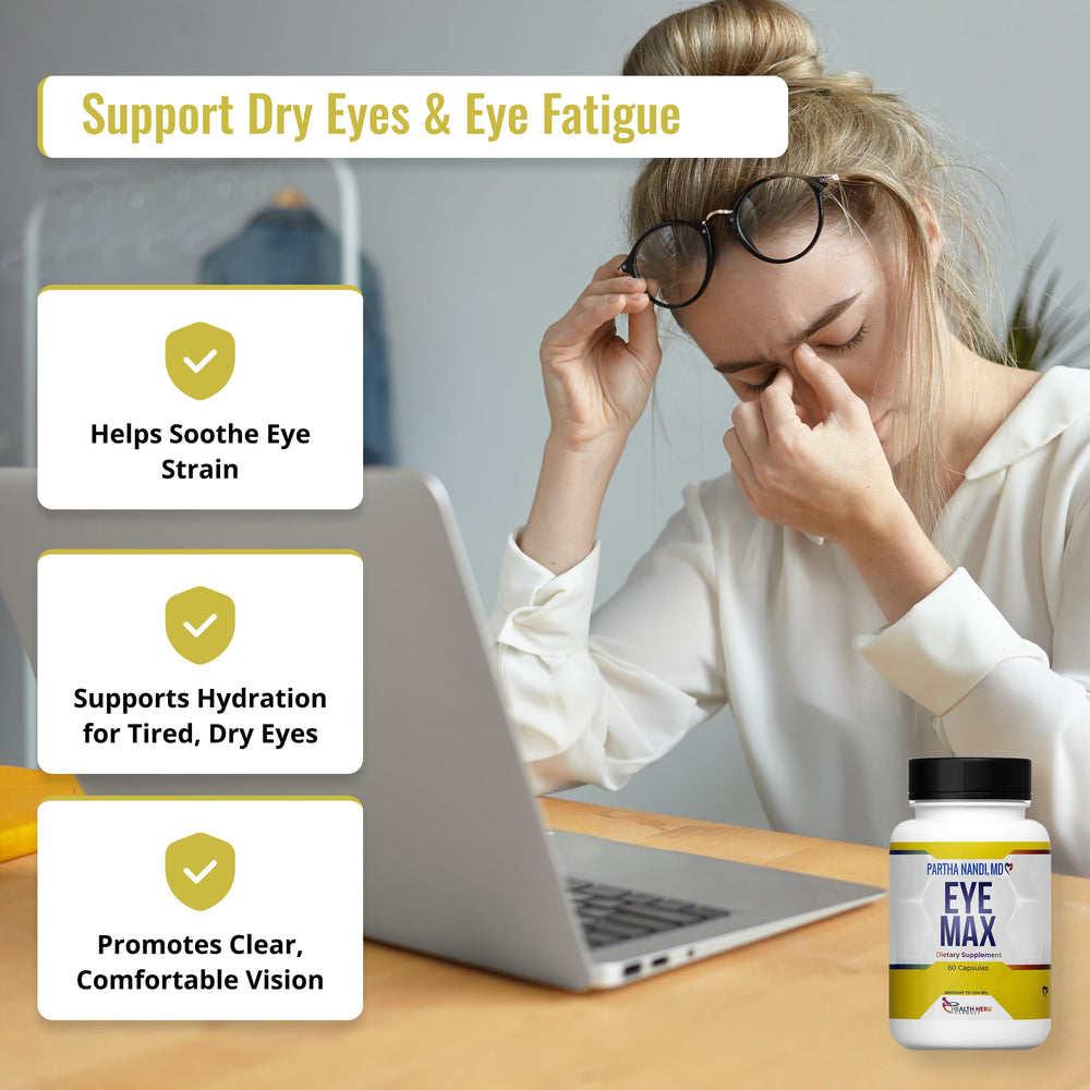 Partha Nandi Eye Max Vision label emphasizes clean, non-GMO, gluten-free ingredients.