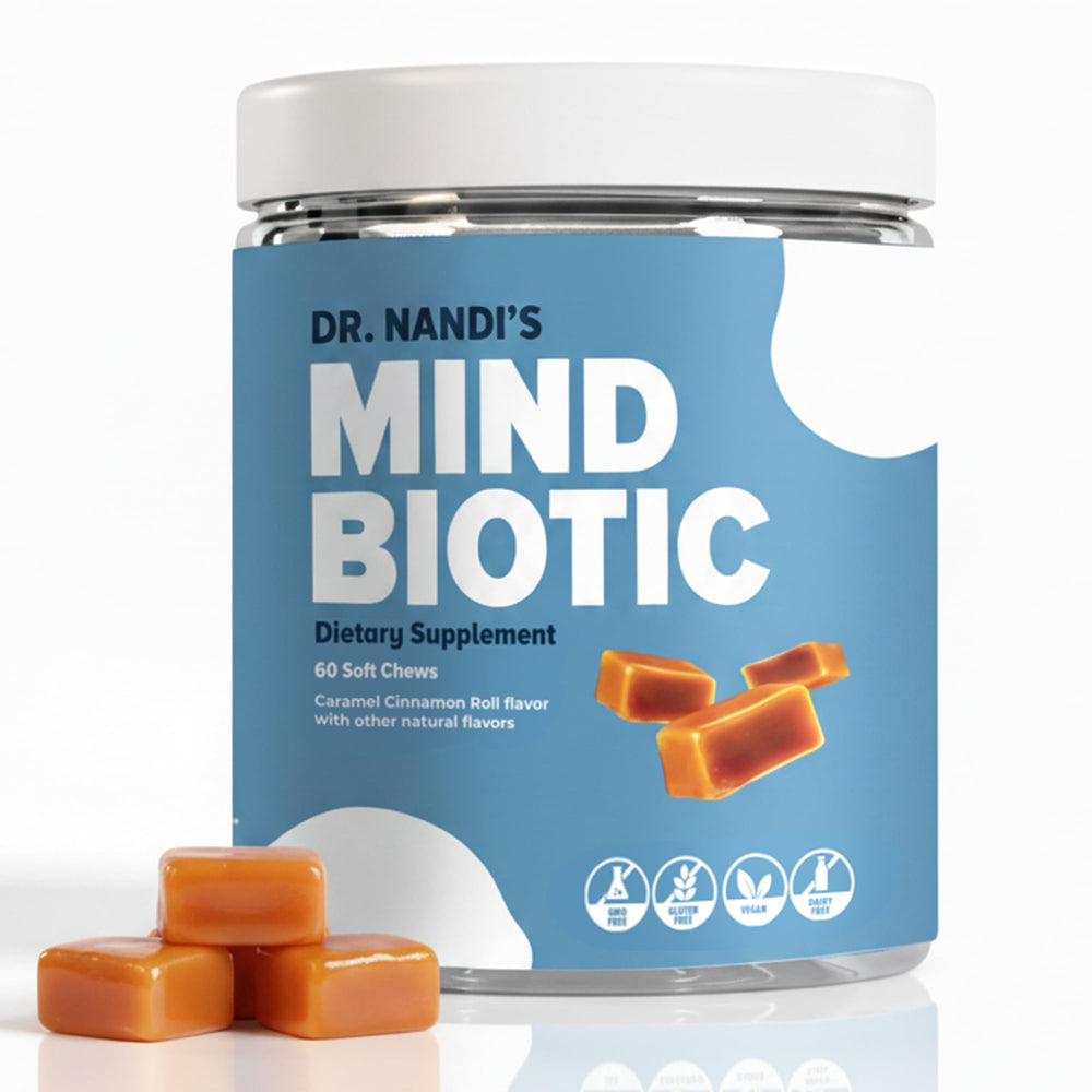 Partha Nandi MindBiotic chews in a caramel cinnamon bottle for convenient daily brain-gut balance.