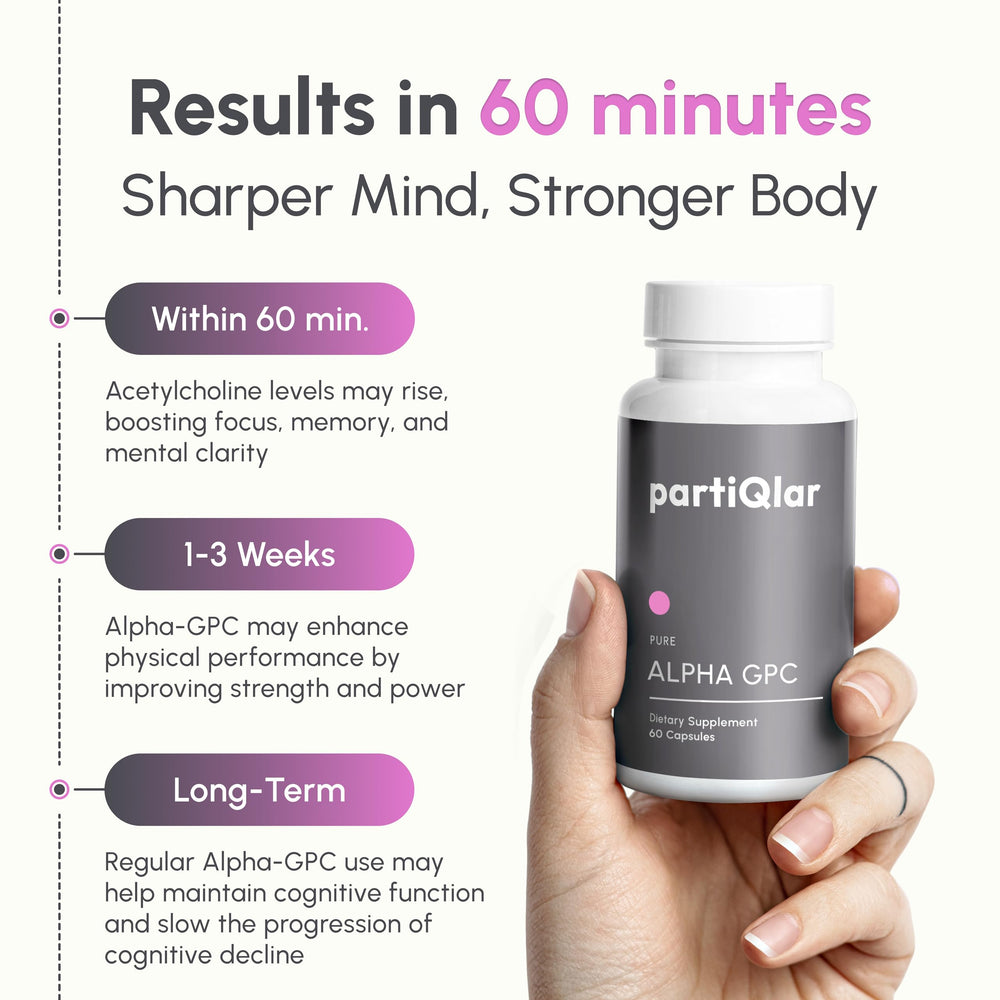 partiQlar Alpha GPC bottle on desk illustrating accessible choline for focus and energy.