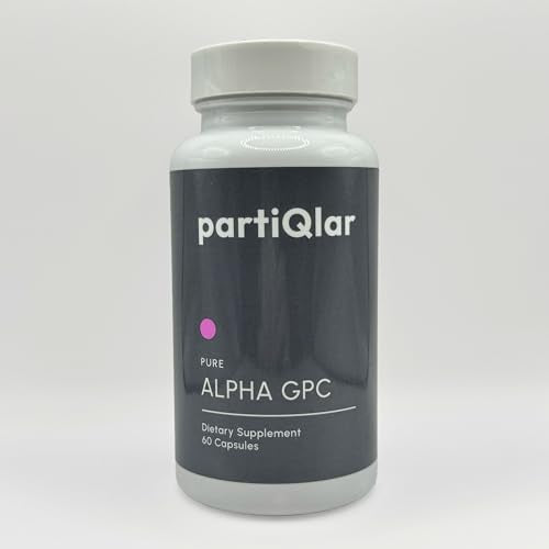 partiQlar Alpha GPC capsules closeup showing 300 mg per capsule for simple dosing.