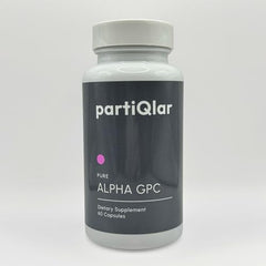 partiQlar Alpha GPC capsules closeup showing 300 mg per capsule for simple dosing.