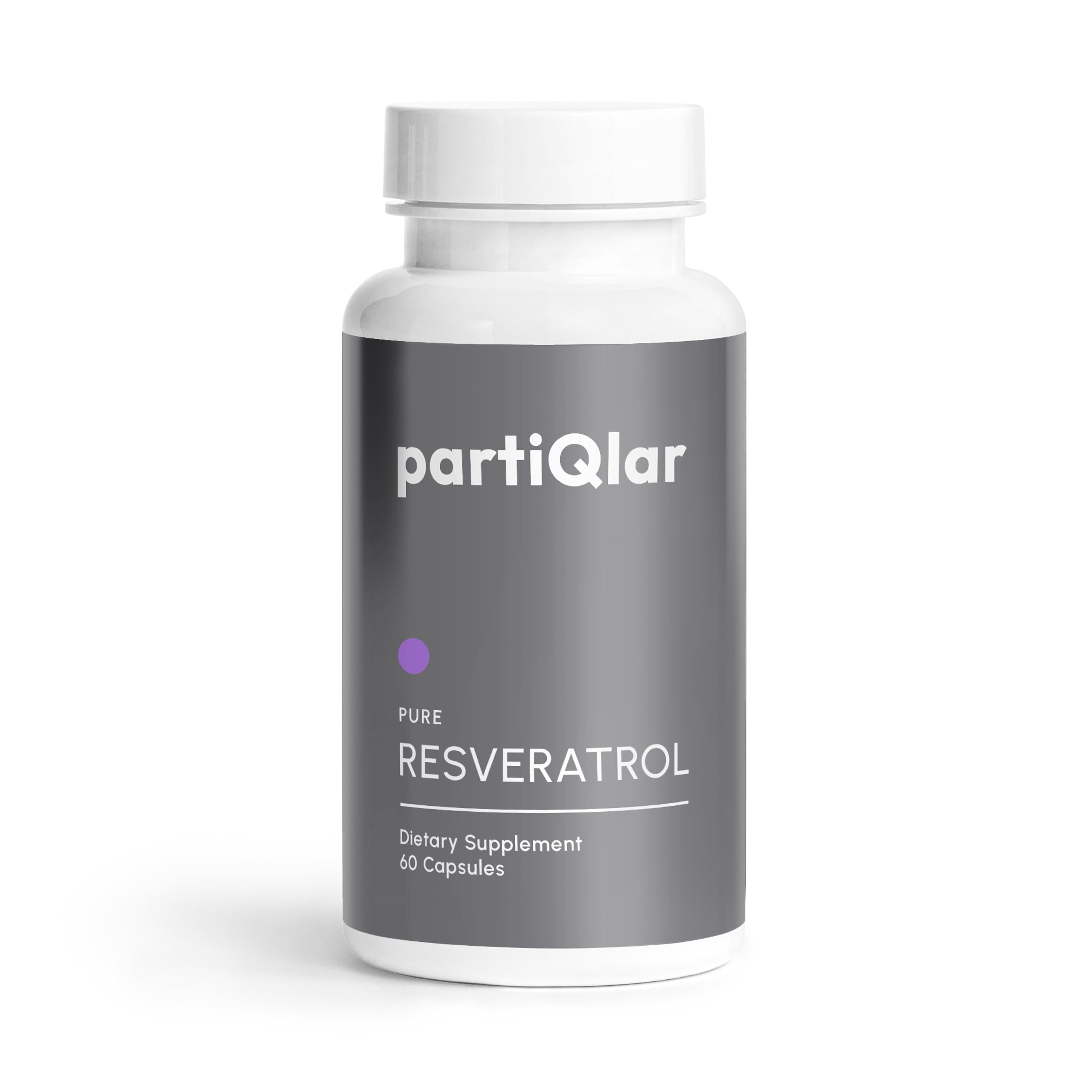 PartiQlar Trans-Resveratrol bottle front view highlighting high purity and dosage.