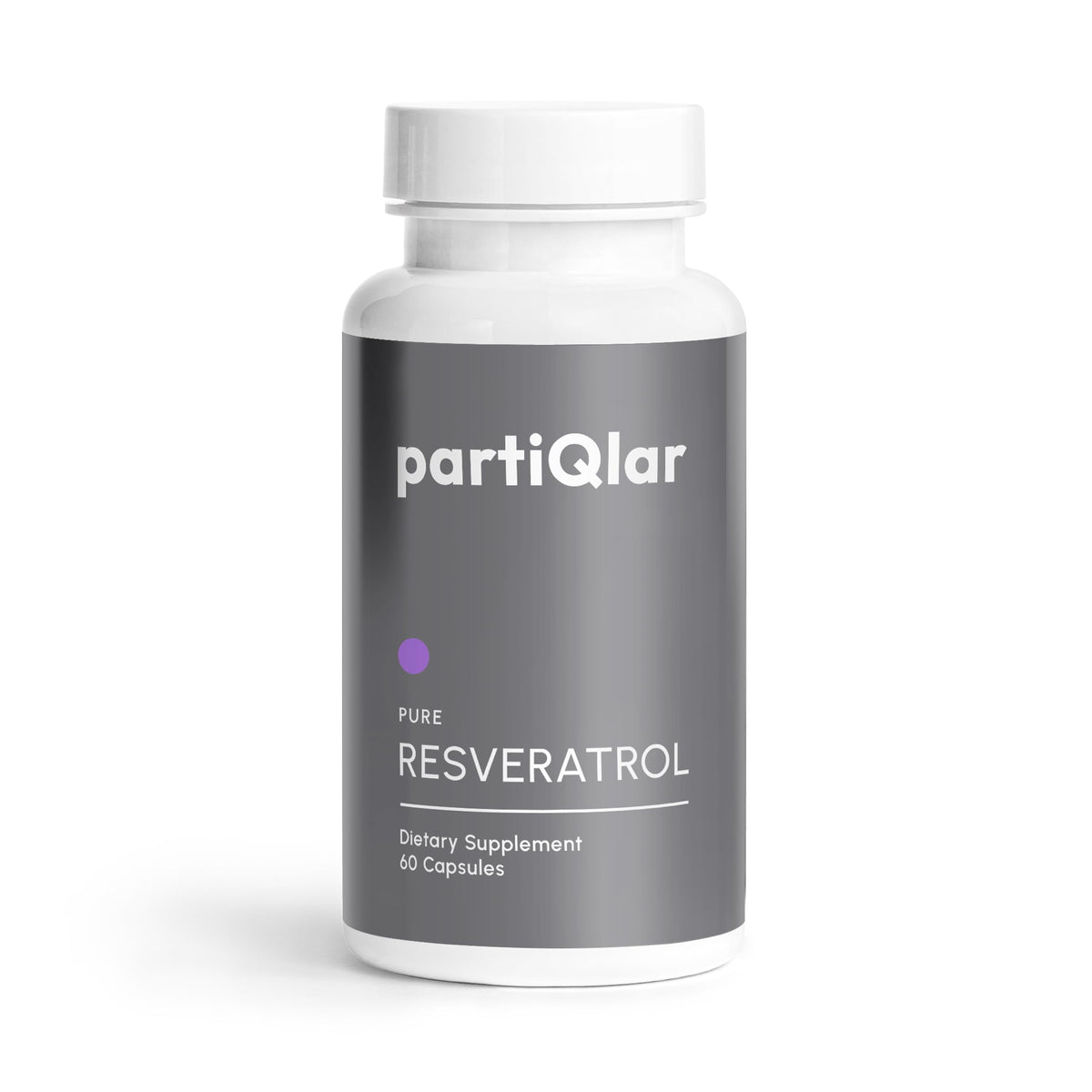 PartiQlar Trans-Resveratrol bottle front view highlighting high purity and dosage.