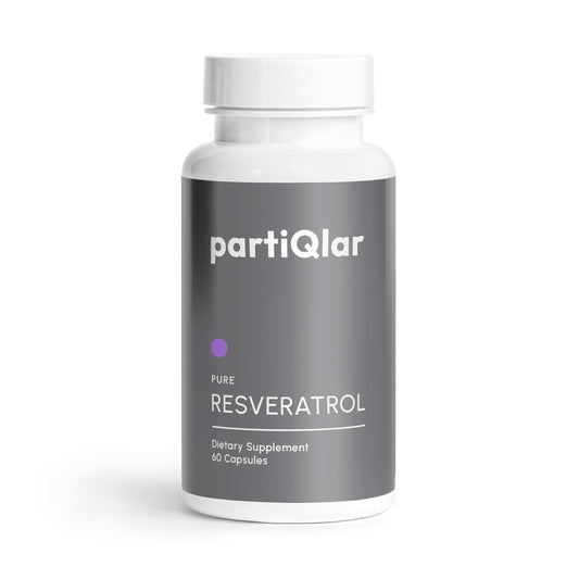 PartiQlar Trans-Resveratrol bottle front view highlighting high purity and dosage.