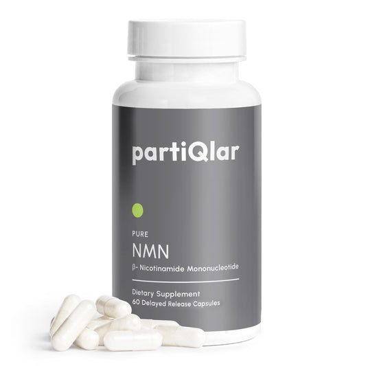 PartiQlar NMN bottle cap close-up for easy daily energy support.