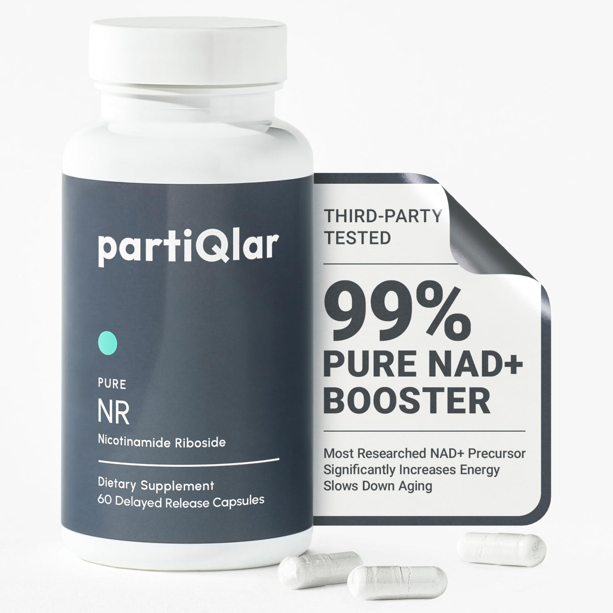 partiQlar NR 500mg capsule front: daily energy support.