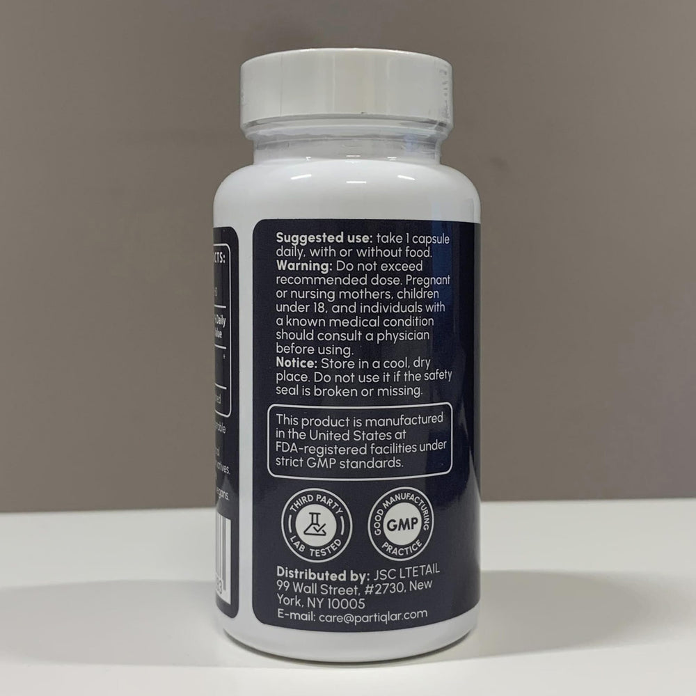 partiQlar NR bottle with glass: premium supplement for focus.