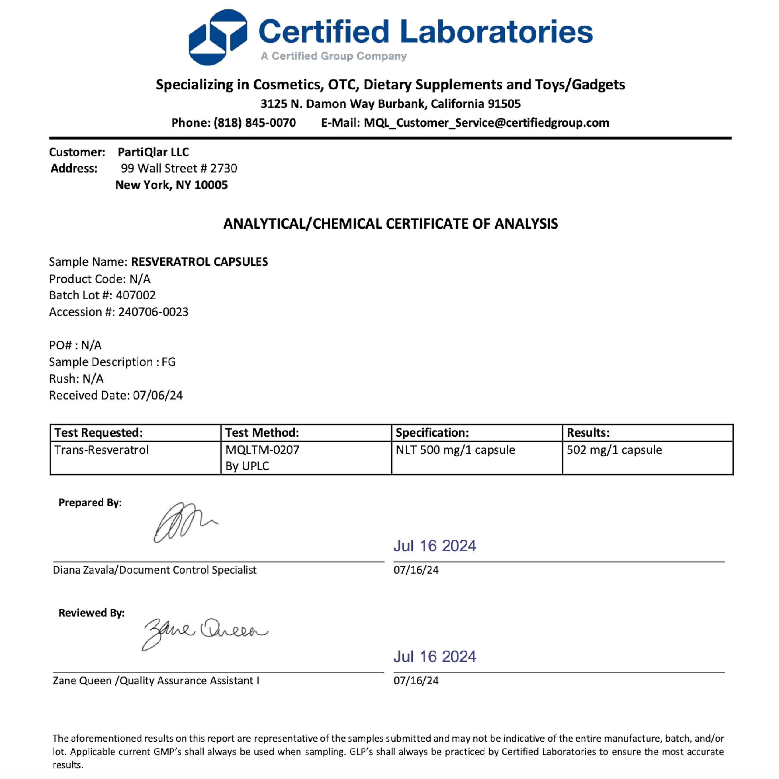 PartiQlar third-party testing seal indicating quality verification.
