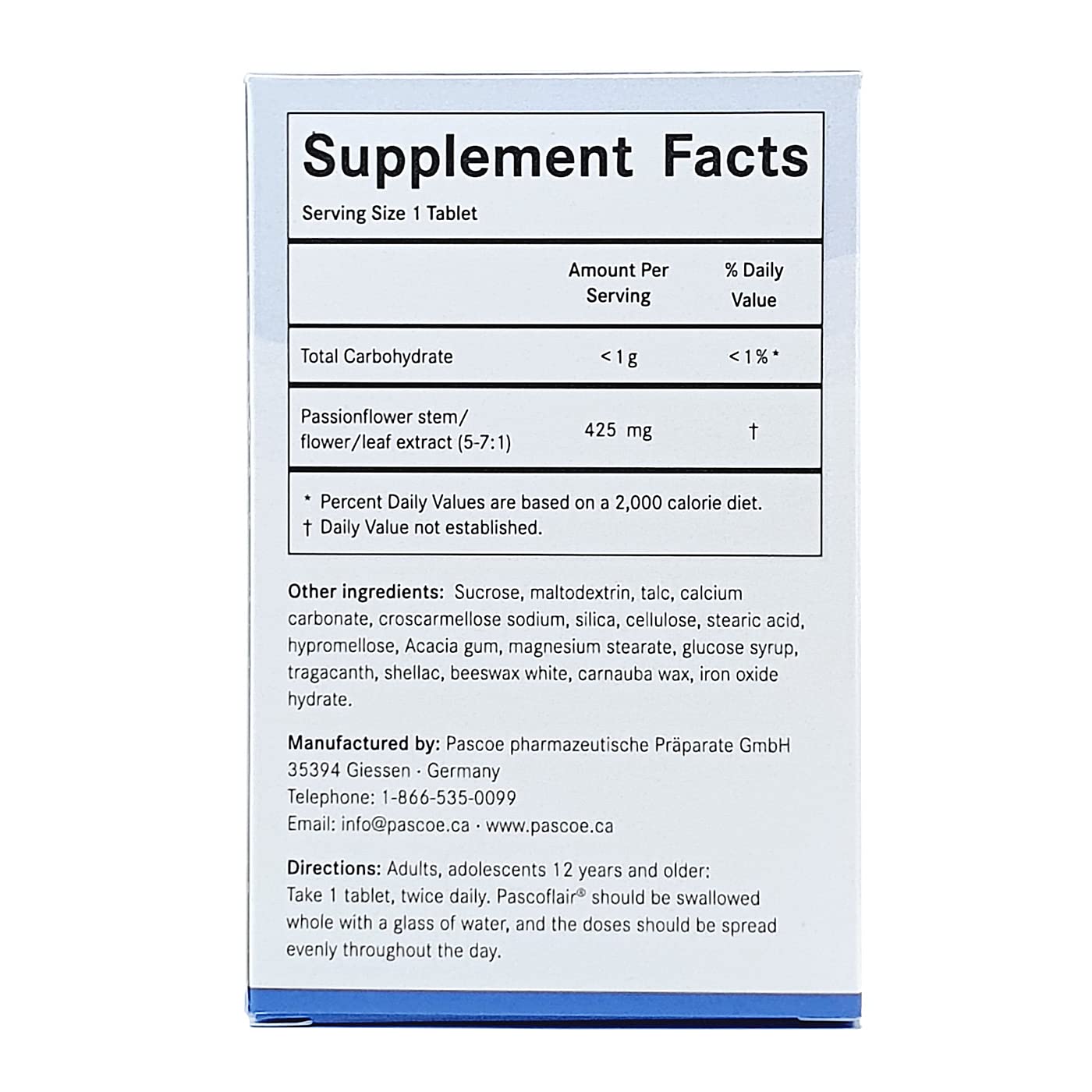 Pascoflair tablets close-up showing 425 mg passionflower extract per tablet