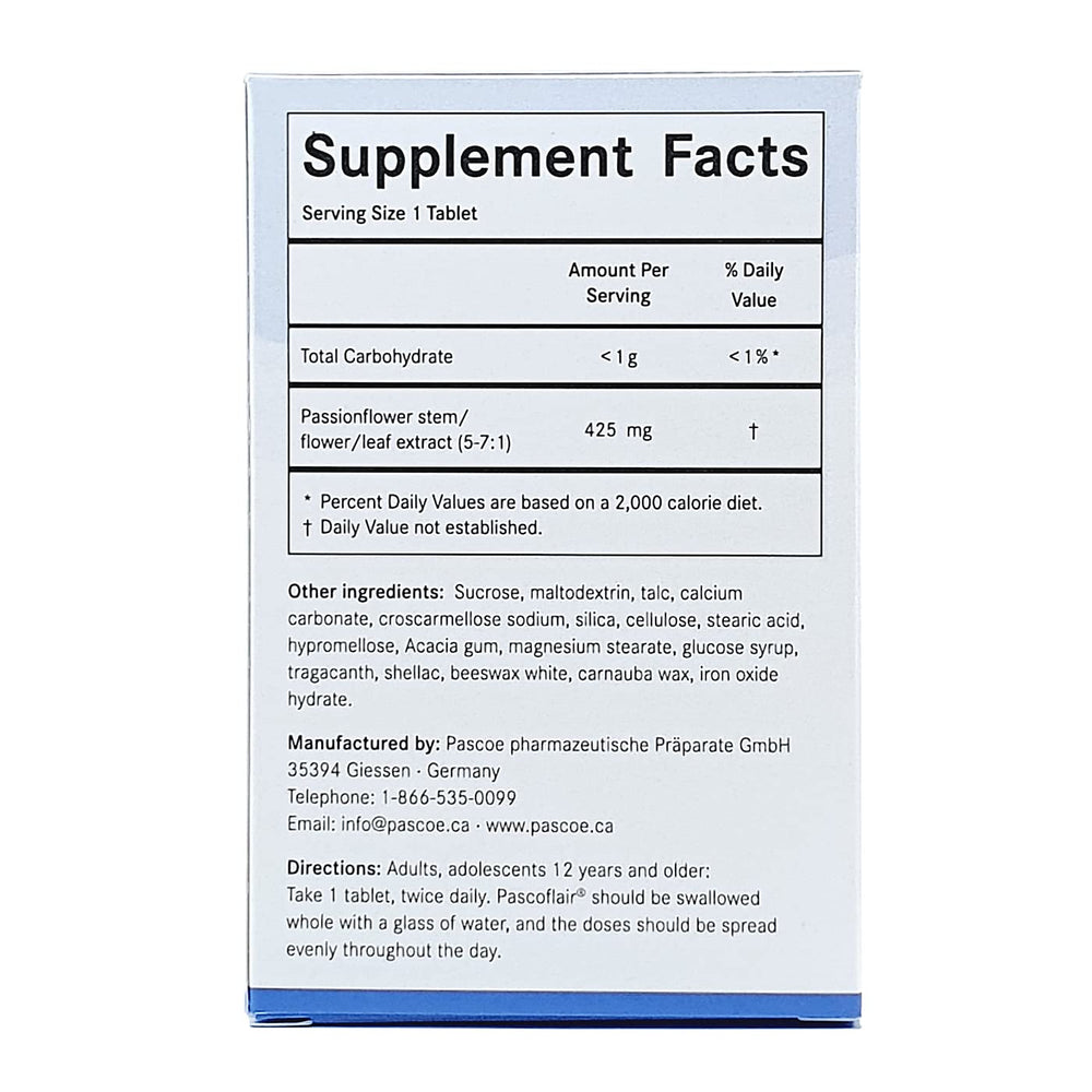 Pascoflair tablets close-up showing 425 mg passionflower extract per tablet