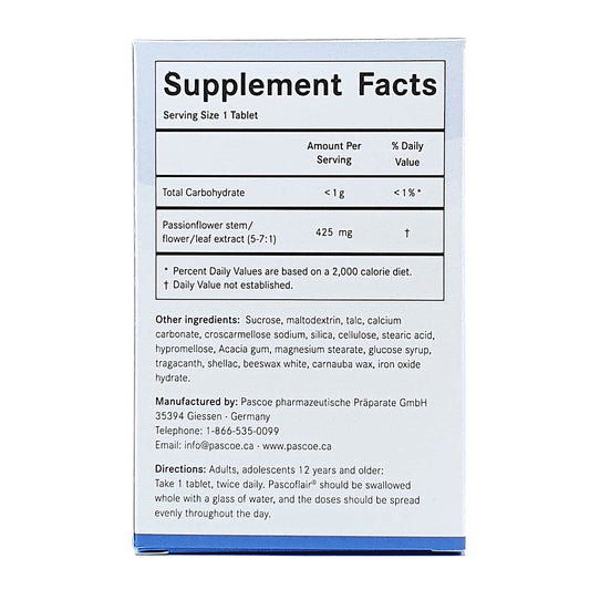 Pascoflair tablets close-up showing 425 mg passionflower extract per tablet
