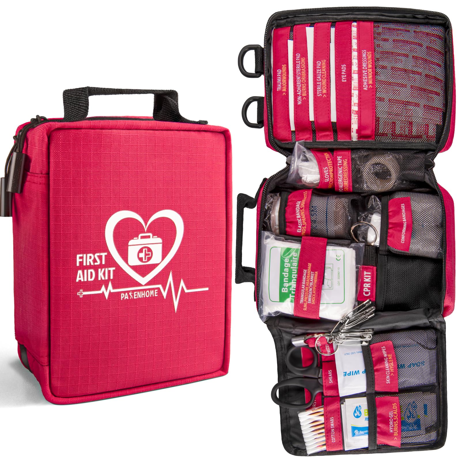 Pasenhome first aid kit with labeled compartments for quick access