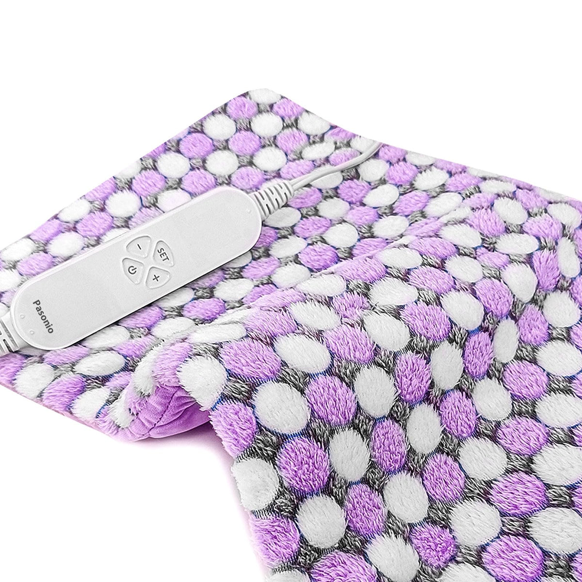 Pasonio weighted heating pad on back providing soothing warmth and gentle pressure