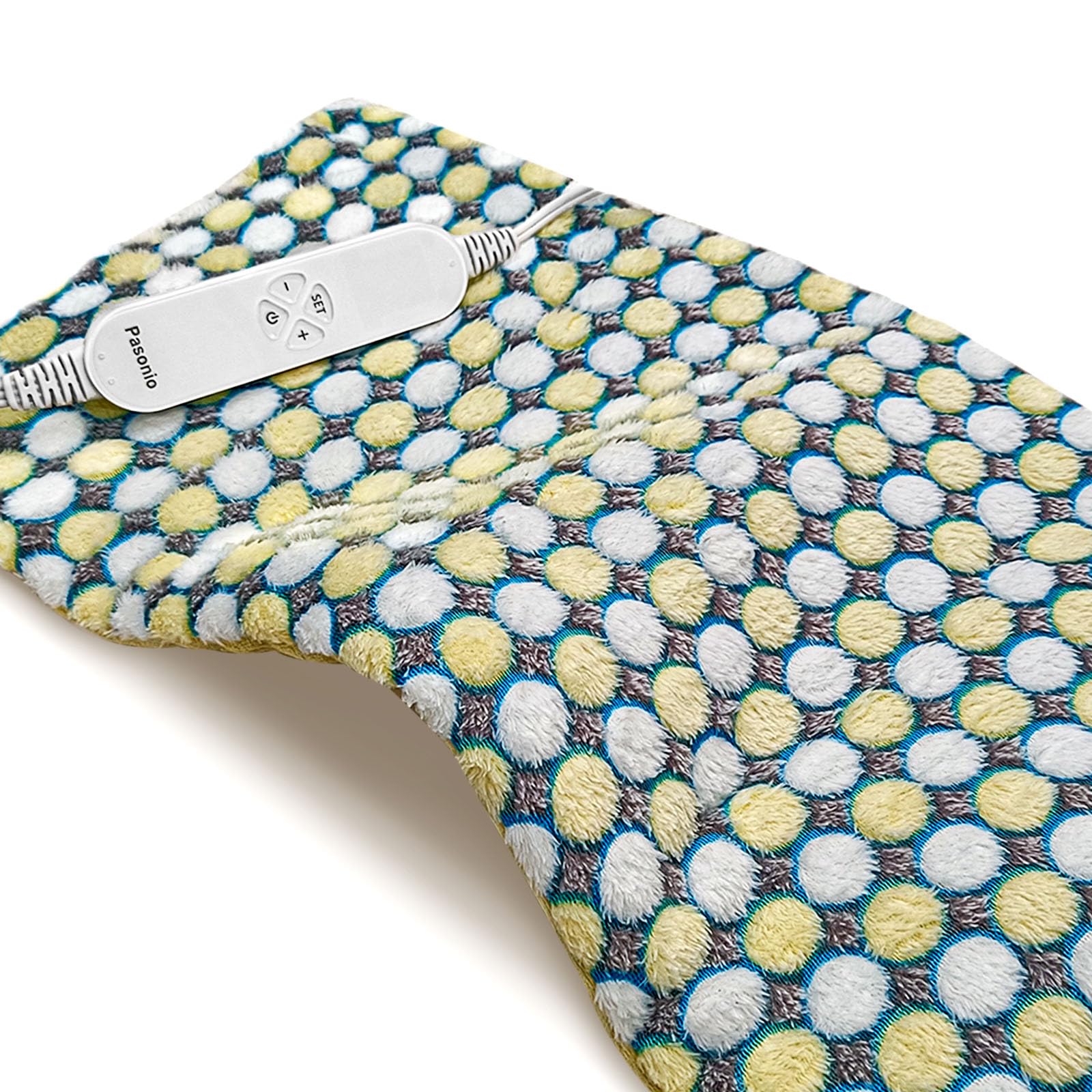 Pasonio full weighted heating pad on back, hug-like warmth for relaxation.