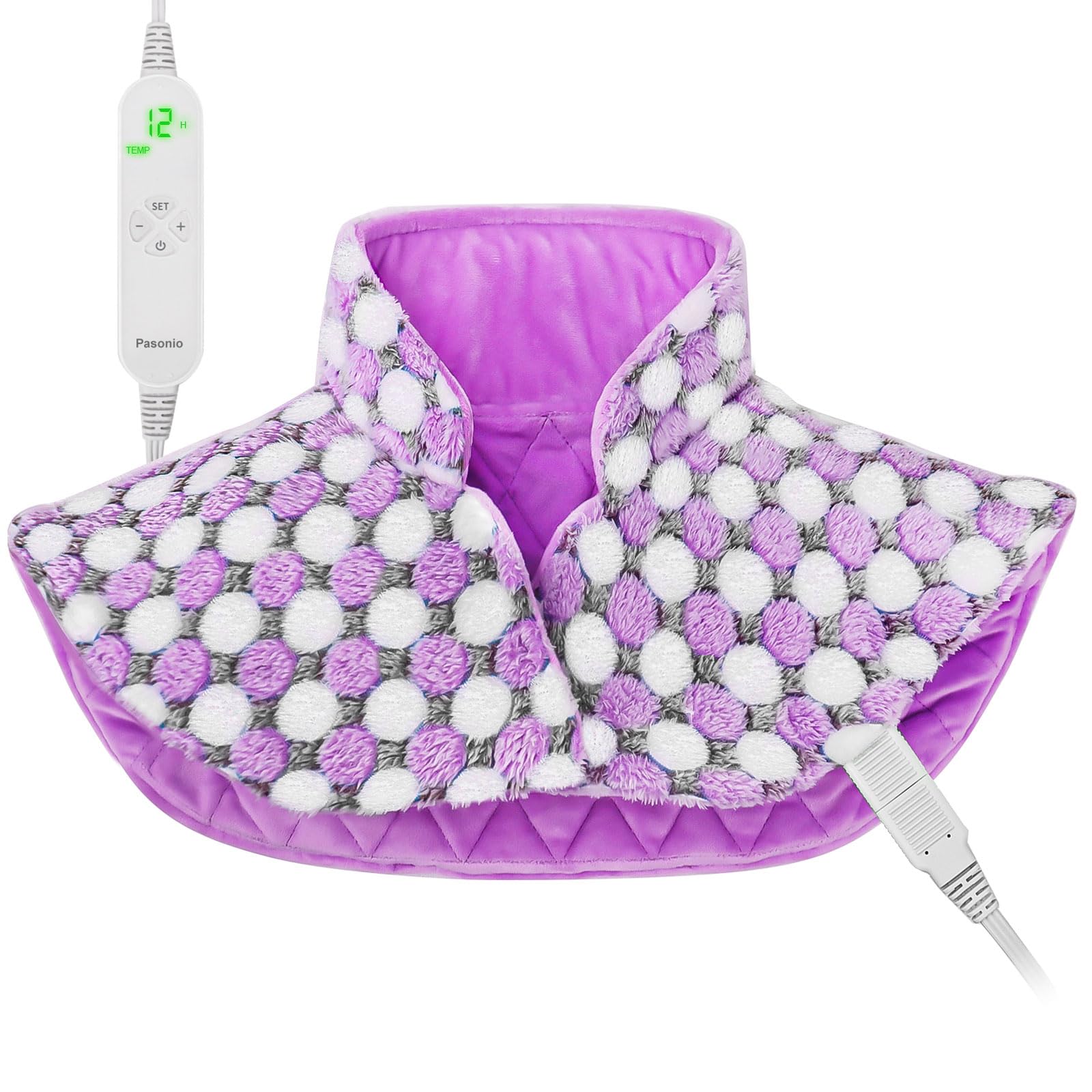 Pasonio full weighted heating pad on neck and shoulders delivering targeted warmth.