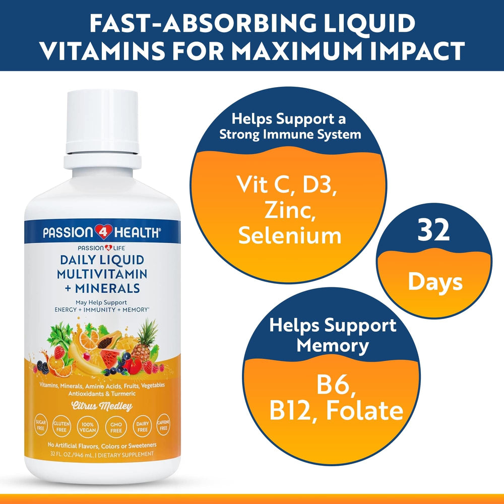 Passion 4 Life liquid vitamins pouring into glass, a tasty daily supplement