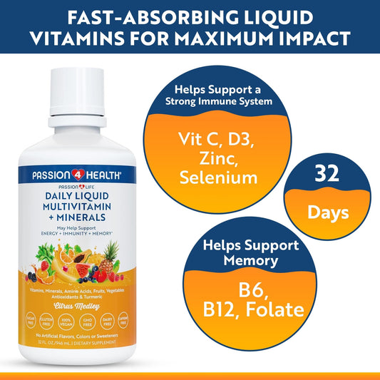 Passion 4 Life liquid vitamins pouring into glass, a tasty daily supplement