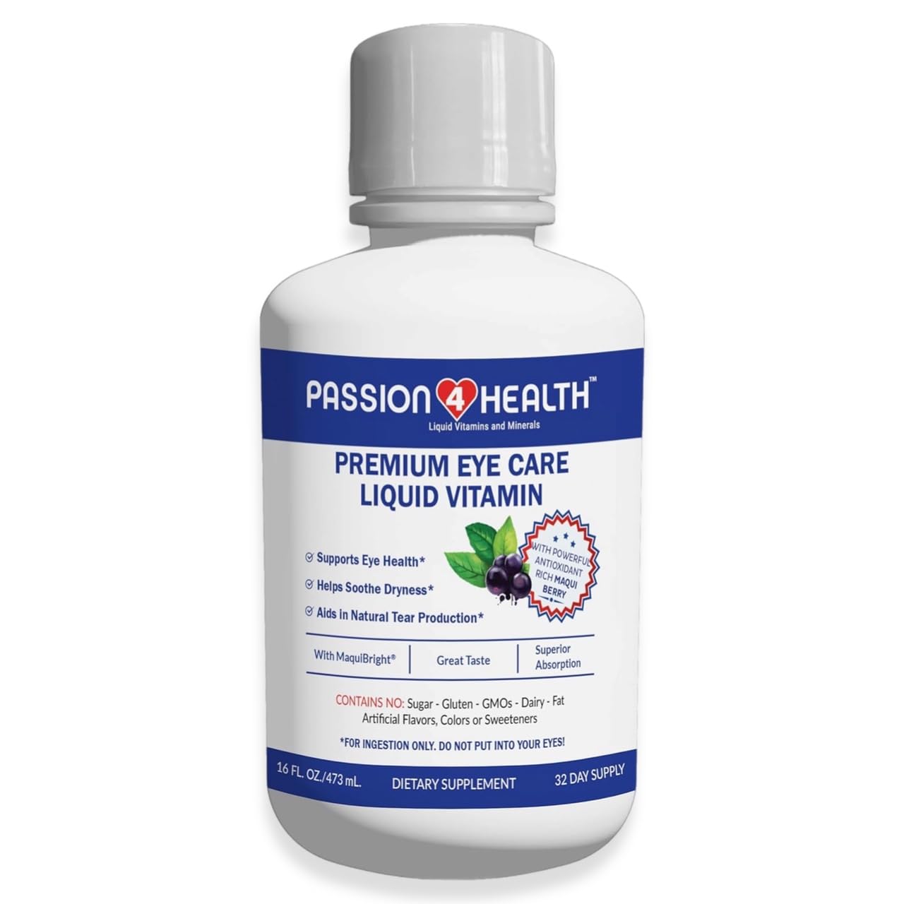 Passion 4 Health liquid eye vitamin bottle pour for easy daily dosing.