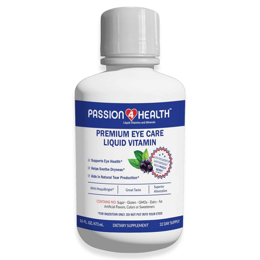 Passion 4 Health liquid eye vitamin bottle pour for easy daily dosing.